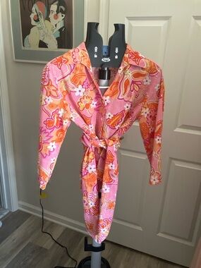Oleg Cassini Weekend Y2K Pink Orange Floral Top Linen Tie Waist Size M